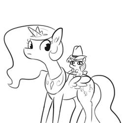 Size: 1080x1080 | Tagged: safe, artist:tjpones, princess celestia, twilight sparkle, alicorn, pony, g4, black and white, cowboy hat, duo, giddy up, grayscale, hat, lineart, monochrome, ponies riding ponies, reins, riding, simple background, smol, ten gallon hat, twiggie, twilight riding celestia, twilight sparkle (alicorn), white background