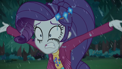Size: 2048x1152 | Tagged: safe, screencap, rarity, equestria girls, equestria girls series, g4, inclement leather, spoiler:choose your own ending (season 2), spoiler:eqg series (season 2), female, forest, makeup, marshmelodrama, mascarity, rain, rarity being rarity, running makeup, shrunken pupils, solo, tree