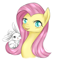 Size: 963x1000 | Tagged: safe, artist:sweetbloodmeow, angel bunny, fluttershy, pony, rabbit, g4, animal, bust, duo, female, male, mare, simple background, white background