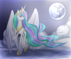 Size: 1207x1000 | Tagged: safe, artist:sweetbloodmeow, princess celestia, alicorn, pony, g4, female, full moon, hair over one eye, mare, mare in the moon, moon, night, solo, spread wings, three quarter view, turned head, wings