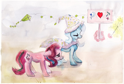 Size: 2000x1370 | Tagged: safe, artist:mandumustbasukanemen, starlight glimmer, trixie, pony, unicorn, g4, female, glowing horn, horn, kite, lesbian, newbie artist training grounds, ship:startrix, shipping, sign, traditional art, watercolor painting