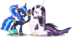 Size: 1281x672 | Tagged: safe, artist:vector-brony, princess celestia, princess luna, alicorn, pony, between dark and dawn, 80s princess luna, alternate hairstyle, barehoof, celestia is not amused, choker, cute, duo, face paint, female, folded wings, glare, hoof shoes, jewelry, looking up, mare, necklace, punklestia, raised hoof, royal sisters, siblings, simple background, sisters, transparent background, unamused, vector, wings
