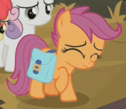 Size: 369x322 | Tagged: safe, screencap, apple bloom, scootaloo, sweetie belle, pegasus, pony, g4, the last crusade, adorable distress, animated, cropped, cute, cutealoo, cutie mark crusaders, female, gif, mare, sad, saddle bag, sadorable, tippy taps, trotting, trotting in place