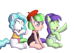 Size: 1400x1000 | Tagged: safe, artist:cappie, drama letter, paisley, starlight, watermelody, earth pony, pony, equestria girls, equestria girls series, g4, ^^, cheering, clapping, clothes, equestria girls outfit, equestria girls ponified, eyes closed, female, hat, mare, open mouth, ponified, raised hoof, simple background, smiling, striped swimsuit, swimsuit, transparent background