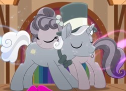 Size: 1002x729 | Tagged: safe, screencap, petunia petals, sunny skies, earth pony, pony, unicorn, g4, my little pony: rainbow roadtrip, bowtie, cropped, cute, eyes closed, female, flower, flower in hair, hat, hug, love, male, mare, marriage proposal, petalbetes, petuniasky, shipping, smiling, stallion, straight, sunnydorable, top hat
