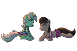 Size: 1500x1000 | Tagged: safe, artist:cappie, lyra heartstrings, octavia melody, earth pony, pony, unicorn, equestria girls, g4, my little pony equestria girls: better together, clothes, cute, equestria girls outfit, eyes closed, female, lying down, lyrabetes, mare, ponified, simple background, smiling, sunlight, sunset, swimsuit, tavibetes, transparent background