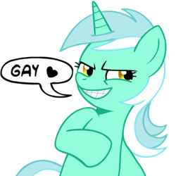 Size: 600x600 | Tagged: safe, edit, lyra heartstrings, pony, unicorn, g4, dialogue, evil grin, ew gay, female, grin, heart, hilarious in hindsight, mare, meme, reaction image, simple background, smiling, solo, speech bubble, subverted meme, text, transparent background, yes gay