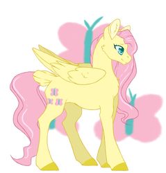 Size: 1024x1073 | Tagged: safe, artist:uniquecolorchaos, fluttershy, pegasus, pony, g4, cutie mark background, female, mare, simple background, solo, tail feathers, white background