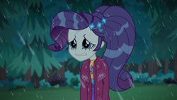 Size: 1920x1080 | Tagged: safe, screencap, rarity, equestria girls, g4, inclement leather, my little pony equestria girls: choose your own ending, female, forest, rain, solo, tree