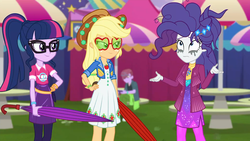 Size: 1920x1080 | Tagged: safe, screencap, applejack, duke suave, rarity, sci-twi, twilight sparkle, equestria girls, g4, inclement leather, inclement leather: vignette valencia, my little pony equestria girls: choose your own ending, applejack's sunglasses, background human, female, glasses, makeup, male, mascara, mascarity, messy hair, ponytail, running makeup, sunglasses, umbrella