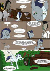 Size: 2480x3508 | Tagged: safe, artist:greeneyedmistress, discord, soarin', pony, comic:prelude to creation, clothes, colt, male, mortar and pestle, pony discord, shoes, toy, wheel, wooden sword, younger