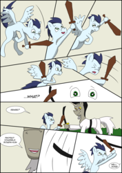 Size: 2480x3508 | Tagged: safe, artist:greeneyedmistress, discord, soarin', pegasus, pony, unicorn, comic:prelude to creation, clothes, colt, male, playing, pony discord, stallion, toy, wooden sword, younger