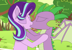 Size: 3968x2756 | Tagged: safe, artist:tyto4tme4l, spike, starlight glimmer, dragon, pony, unicorn, g4, duo, female, high res, interspecies, kiss on the lips, kissing, male, mare, older, older spike, ship:sparlight, shipping, straight, winged spike, wings