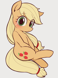Size: 914x1223 | Tagged: safe, artist:manachaaaaaaaa, applejack, earth pony, pony, g4, blushing, cute, eye clipping through hair, female, gray background, hatless, jackabetes, looking at you, mare, missing accessory, pixiv, simple background, sitting, solo
