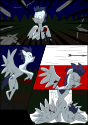 Size: 2480x3508 | Tagged: safe, artist:greeneyedmistress, soarin', pony, comic:prelude to creation, blood, clothes, comic, male, stallion, weapon