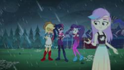 Size: 1366x768 | Tagged: safe, screencap, applejack, rarity, sci-twi, snow flower, twilight sparkle, equestria girls, g4, inclement leather, inclement leather: applejack, my little pony equestria girls: choose your own ending, background human, clothes, midriff, skirt, sleeveless, tank top