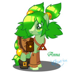 Size: 1142x1108 | Tagged: safe, artist:blue ice, earth pony, pony, accessory, anna (epic battle fantasy), bag, boots, clothes, digital art, dress, epic battle fantasy, female, green eyes, green mane, mare, one eye covered, one eye open, ponified, saddle bag, shoes, signature, simple background, smiling, solo, sparkly eyes, talisman, text, transparent background, wingding eyes