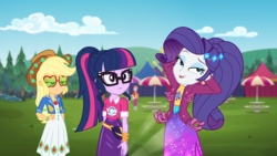Size: 1366x768 | Tagged: safe, screencap, applejack, fry lilac, rarity, sci-twi, twilight sparkle, equestria girls, g4, inclement leather, my little pony equestria girls: choose your own ending, pose, varying degrees of want