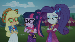 Size: 1366x768 | Tagged: safe, screencap, applejack, rarity, sci-twi, twilight sparkle, equestria girls, g4, inclement leather, my little pony equestria girls: choose your own ending, cute, geode of telekinesis, laughing, magical geodes, sunglasses, twiabetes