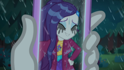 Size: 1366x768 | Tagged: safe, screencap, rarity, equestria girls, g4, inclement leather, inclement leather: vignette valencia, my little pony equestria girls: choose your own ending, cute, hashtag rain hair don't care, makeup, mascara, mascarity, phone screen, rain, raribetes, running makeup, selfie, wet, wet hair, wet hairity