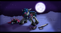 Size: 4020x2160 | Tagged: safe, artist:stormblaze-pegasus, oc, oc only, pony, armor, bruised, fangs, full moon, gift art, glowing eyes, male, moon, night, night guard, solo, stars, sword, weapon