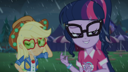 Size: 1366x768 | Tagged: safe, screencap, applejack, sci-twi, twilight sparkle, equestria girls, equestria girls series, g4, inclement leather, inclement leather: twilight sparkle, my little pony equestria girls: choose your own ending, spoiler:eqg series (season 2), rain, raised eyebrow, smuglight sparkle