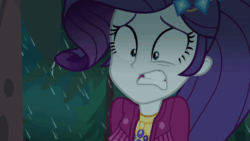 Size: 800x450 | Tagged: safe, screencap, rarity, equestria girls, g4, inclement leather, inclement leather: twilight sparkle, my little pony equestria girls: choose your own ending, animated, clothes, dripping, eye twitch, female, gif, jacket, marshmelodrama, music festival outfit, rain, rarity being rarity, shrunken pupils, solo, tree, upset