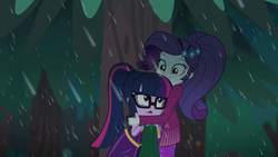 Size: 1280x720 | Tagged: safe, screencap, rarity, sci-twi, twilight sparkle, equestria girls, equestria girls series, g4, inclement leather, spoiler:choose your own ending (season 2), spoiler:eqg series (season 2), cuddling, cute, glasses, happy, holding, hug, inclement leather: twilight sparkle, outdoors, rain, raribetes, smiling, surprised, trash bag, tree, twiabetes