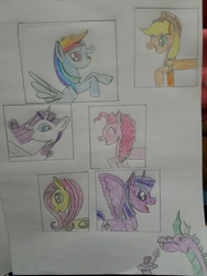 Size: 4032x3024 | Tagged: safe, artist:asiandra dash, applejack, fluttershy, pinkie pie, rainbow dash, rarity, spike, twilight sparkle, alicorn, dragon, earth pony, pegasus, pony, unicorn, g4, adult, adult spike, colored in, colored pencil drawing, diamond, gem, heart, mane six, older, older spike, pencil drawing, pictures, spikezilla, spread wings, traditional art, twilight sparkle (alicorn), wings