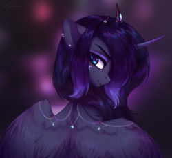 Size: 1877x1716 | Tagged: safe, artist:shenki, princess luna, alicorn, pony, g4, blue eyes, blue mane, crown, curved horn, digital art, ear fluff, ear piercing, ethereal mane, eyeshadow, fangs, female, flowing mane, horn, jewelry, looking at you, looking back, makeup, mare, moon, necklace, piercing, profile, purple background, regalia, simple background, solo, sparkles, spread wings, starry mane, stars, wing fluff, wings