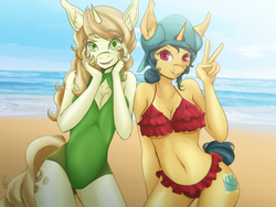 Size: 2592x1944 | Tagged: safe, artist:bryanspoty, fresh coat, sweet biscuit, unicorn, anthro, g4, beach, belly button, bikini, busty fresh coat, busty sweet biscuit, cap, clothes, duo, female, frilled swimsuit, hat, looking at you, mare, one-piece swimsuit, peace sign, swimsuit