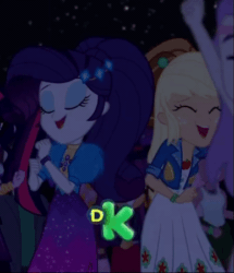 Size: 387x450 | Tagged: safe, screencap, applejack, ginger owlseye, rarity, raspberry lilac, sci-twi, snow flower, track starr, twilight sparkle, equestria girls, equestria girls series, g4, sunset's backstage pass!, spoiler:eqg series (season 2), animated, background human, clothes, cropped, dancing, discovery kids, dress, eyes closed, female, gif, hat, jacket, laughing, male, night, offscreen character, outdoors, smiling, stars