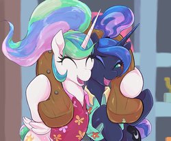 Size: 2481x2048 | Tagged: safe, artist:noupu, princess celestia, princess luna, alicorn, pony, between dark and dawn, g4, alternate hairstyle, bare hooves, clothes, cute, duo, eyes closed, female, flowing mane, hair bun, happy, hawaiian shirt, high res, horse collar, inflatable toy, mare, one eye open, open mouth, ponytail, royal sisters, scene interpretation, shirt, sibling love, siblings, sisterly love, sisters, tail bun, vacation