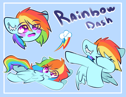Size: 2600x2000 | Tagged: safe, artist:etoz, part of a set, rainbow dash, pegasus, pony, g4, :3, blushing, bust, chibi, cute, dab, dashabetes, ear fluff, eye clipping through hair, female, happy, high res, mare, multeity, name, open mouth, rainbow dab, simple background, smiling, solo, text, wings