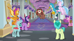 Size: 1280x720 | Tagged: safe, screencap, gallus, november rain, ocellus, sandbar, silverstream, smolder, twilight sparkle, yona, alicorn, changedling, changeling, classical hippogriff, dragon, earth pony, griffon, hippogriff, pony, yak, g4, she's all yak, bow, butt, cloven hooves, dragoness, female, friendship student, hair bow, jumping, male, mare, plot, saddle bag, school of friendship, student six, twilight sparkle (alicorn)