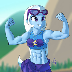 Size: 1088x1094 | Tagged: safe, artist:grissaecrim, trixie, human, equestria girls, equestria girls specials, g4, my little pony equestria girls: better together, my little pony equestria girls: forgotten friendship, abs, armpits, belly button, biceps, bikini, bikini top, clothes, female, flexing, grand and muscular trixie, midriff, misleading thumbnail, muscles, sarong, scene interpretation, solo, swimsuit