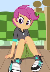 Size: 2200x3126 | Tagged: safe, artist:succubi samus, scootaloo, equestria girls, g4, bed, bedroom, clothes, cute, cutealoo, female, high res, hoodie, knees pressed together, looking at you, show accurate, smiling, solo, tennis shoes
