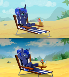 Size: 1364x1536 | Tagged: safe, artist:skyeypony, screencap, princess luna, alicorn, pony, between dark and dawn, alternate hairstyle, barehoof, beach, beach chair, chair, crossed legs, eyeshadow, female, folded wings, hair bun, hooves behind head, lidded eyes, magic, makeup, mare, missing accessory, open mouth, reclining, relaxing, scene interpretation, solo, stupid sexy princess luna, sunglasses, telekinesis, we don't normally wear clothes, wings