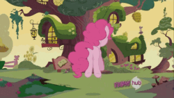 Size: 640x360 | Tagged: safe, edit, edited screencap, screencap, pinkie pie, earth pony, pony, g4, it's about time, season 2, animated, back of head, balloonbutt, bouncing, butt, featureless crotch, female, golden oaks library, hub logo, it's coming right at us, jumping, plot, pronking, rear view, reversed, solo, underhoof