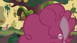 Size: 640x360 | Tagged: safe, edit, edited screencap, screencap, pinkie pie, earth pony, pony, g4, it's about time, season 2, animated, back of head, balloonbutt, bouncing, butt, featureless crotch, female, golden oaks library, hub logo, jumping, plot, pronking, rear view, reversed, solo, underhoof