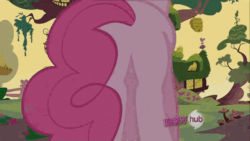 Size: 640x360 | Tagged: safe, screencap, pinkie pie, earth pony, pony, g4, it's about time, back of head, balloonbutt, bouncing, butt, featureless crotch, female, gif, golden oaks library, hub logo, jumping, non-animated gif, plot, pronking, rear view, solo, underhoof