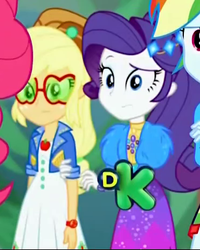 Size: 371x464 | Tagged: safe, screencap, applejack, pinkie pie, rainbow dash, rarity, equestria girls, equestria girls specials, g4, my little pony equestria girls: choose your own ending, my little pony equestria girls: sunset's backstage pass, clothes, cropped, discovery kids, dress, female, geode of shielding, geode of super strength, hand on arm, hat, jacket, magical geodes, raised eyebrow, sunglasses