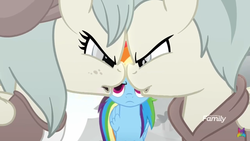 Size: 1334x750 | Tagged: safe, screencap, barley barrel, pickle barrel, rainbow dash, pegasus, pony, g4, my little pony: rainbow roadtrip, barrel twins, bickering, brother and sister, clothes, colorless, colt, female, filly, freckles, male, mare, rainbow dash is not amused, sibling rivalry, siblings, trio, twins, unamused