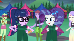 Size: 1366x768 | Tagged: safe, screencap, duke suave, rarity, sci-twi, snow flower, twilight sparkle, equestria girls, equestria girls series, g4, inclement leather, spoiler:choose your own ending (season 2), spoiler:eqg series (season 2), background human, clothes, cute, female, flirting, glasses, inclement leather: twilight sparkle, lidded eyes, male, mud, poncho, ponytail, raribetes, twiabetes, wet hair, wet hairity