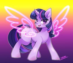 Size: 1500x1300 | Tagged: safe, artist:zakro, twilight sparkle, pony, unicorn, g4, artificial wings, augmented, female, looking at you, magic, magic wings, mare, solo, unicorn twilight, wings