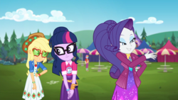 Size: 1366x768 | Tagged: safe, screencap, applejack, fry lilac, rarity, sci-twi, twilight sparkle, equestria girls, g4, inclement leather, my little pony equestria girls: choose your own ending, amused, applejack's sunglasses, background human, cute, geode of super strength, magical geodes, sunglasses, twiabetes