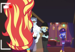 Size: 1041x720 | Tagged: safe, screencap, rolling stone (g4), space camp, sunset shimmer, equestria girls, g4, how to backstage, my little pony equestria girls: better together, background human, camera shot, clothes, cropped, female, male