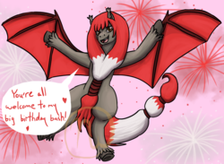 Size: 3000x2200 | Tagged: safe, artist:azurllinate, oc, oc only, oc:maple frost kanata, pony, accessory, birthday, brown eyes, canada, canada day, celebration, cloven hooves, ear fluff, female, fireworks, flying, half-bat pony, half-earth pony, heart, high res, inviting you, legs in air, long mane, long tail, mixed breed, open mouth, red hair, sharp teeth, speech, speech bubble, spread wings, teeth, two toned mane, two toned tail, two toned wings, white hair, wings