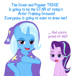 Size: 1000x1050 | Tagged: safe, artist:phallen1, starlight glimmer, trixie, pony, unicorn, g4, atg 2019, cape, clothes, dialogue, hat, meta, newbie artist training grounds, simple background, trixie's cape, trixie's hat