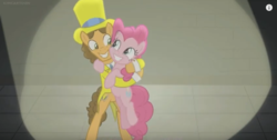 Size: 847x426 | Tagged: safe, screencap, cheese sandwich, pinkie pie, earth pony, pony, g4, the last laugh, cute, duo, female, hat, hug, male, mare, shipping fuel, smiling, spotlight, stallion, top hat